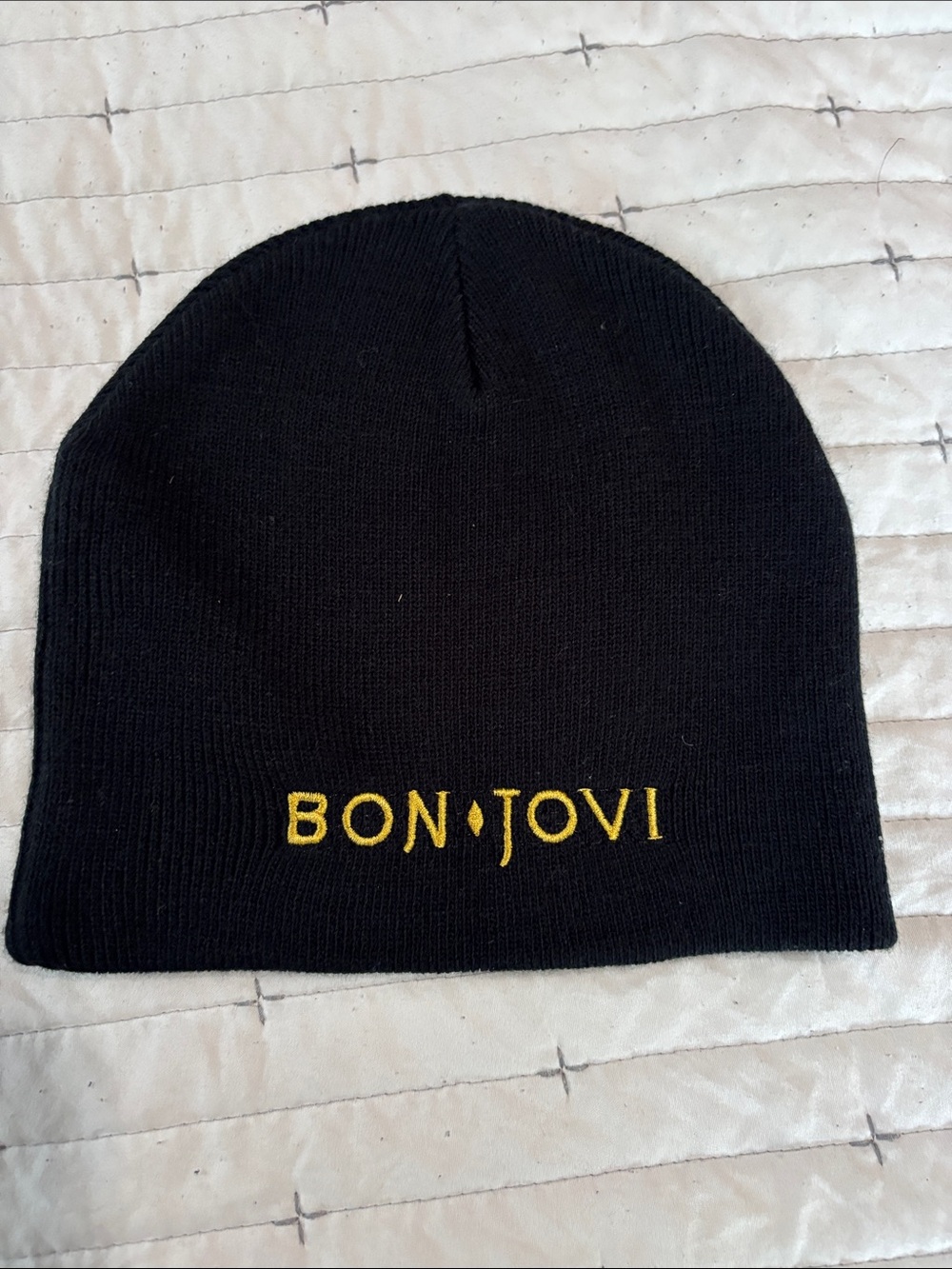 Bon Jovi Black Knit Beanie with Yellow Embroidered Logo